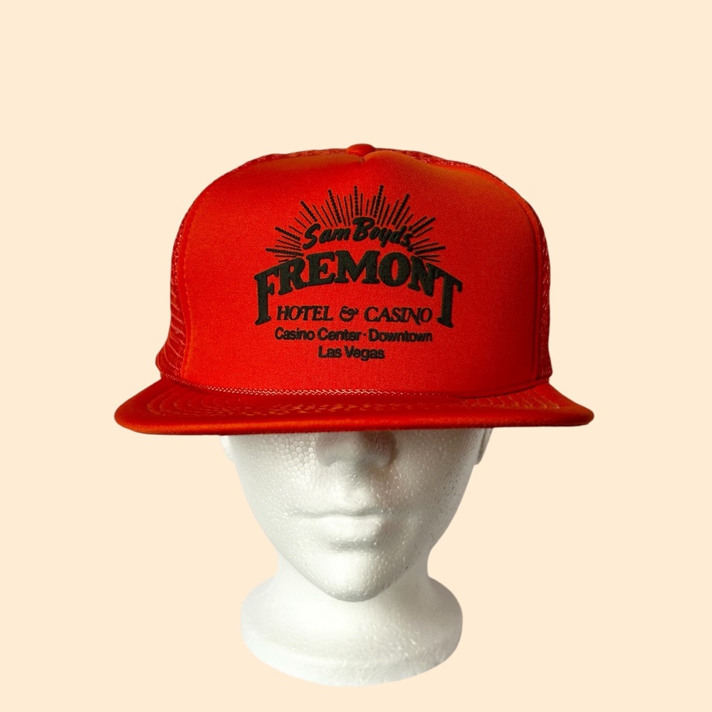 Vintage 80s Sam Boyd’s Fremont Trucker Hat Cap Mesh Snapback Rope Hunter Orange